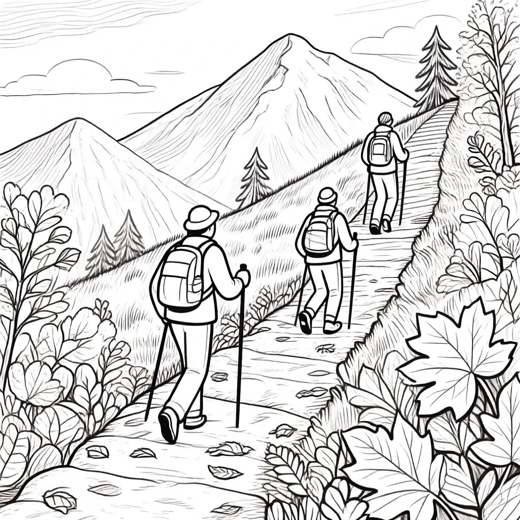 Three hikers walking up a mountain trail surrounded by plants and trees detailed coloring page, kids' coloring page, printable coloring page, coloring sheets.