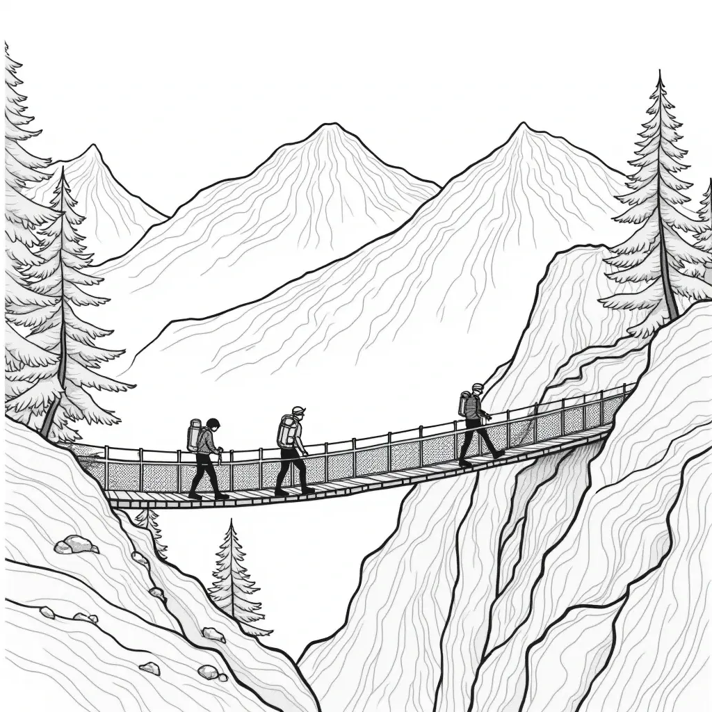 Black-and-white mountain landscape coloring page showing three people hiking across a suspension bridge with pine trees and rugged cliffs printable coloring sheet for kids' coloring page and detailed