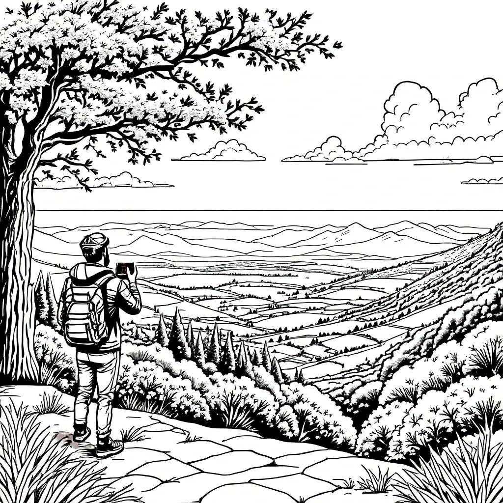 Black-and-white landscape coloring page of a hiker with a backpack overlooking mountains and valleys; detailed coloring page, kids' coloring page, printable coloring page style coloring sheets