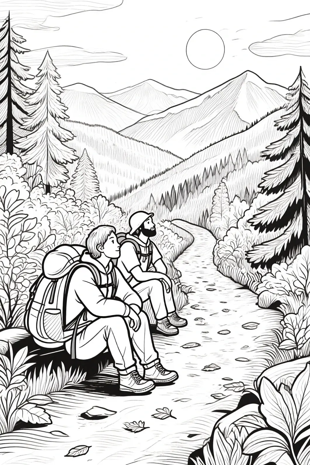 Black-and-white nature line art of two hikers resting by a mountain trail detailed coloring page, kids' coloring page, printable coloring page, coloring sheets; people coloring page for