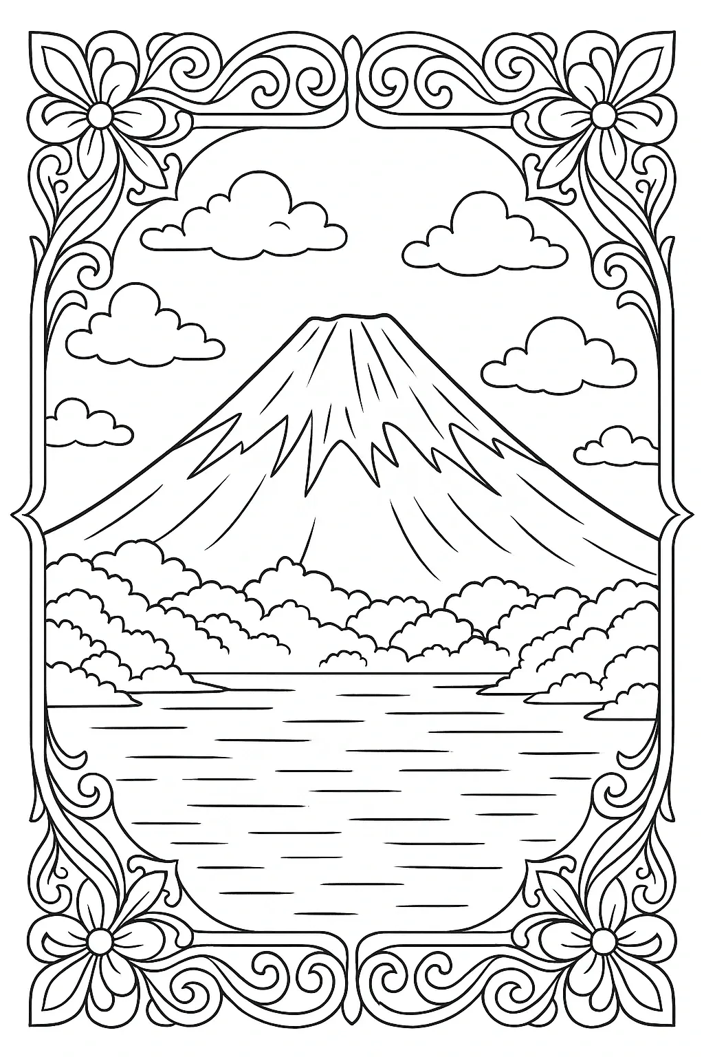 Black-and-white line art mountain and lake scene with clouds, floral decorative border detailed coloring page, kids' coloring page, printable coloring page, coloring sheets, spring/summer themed.