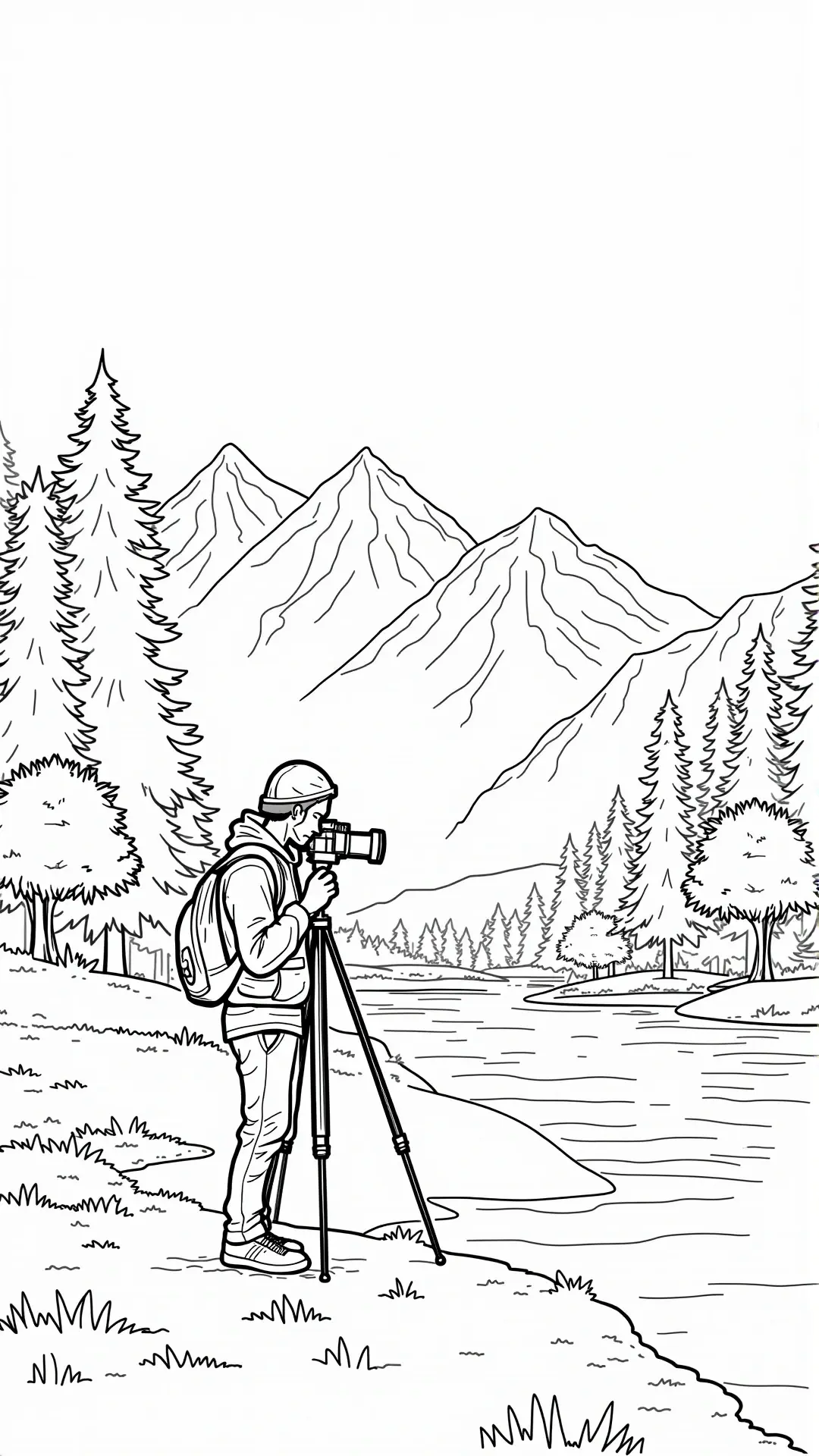 Line art of a person photographing mountains by a river printable coloring sheet for a printable coloring page, detailed coloring page and kids' coloring page; coloring sheets suitable for people who