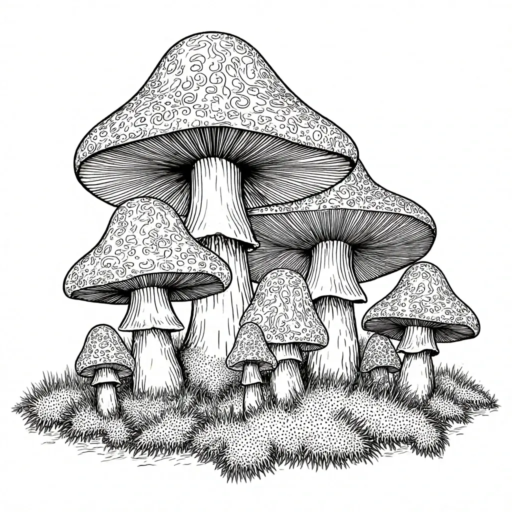 Detailed coloring page of mushrooms surrounded by grass, ideal for printable coloring sheets.