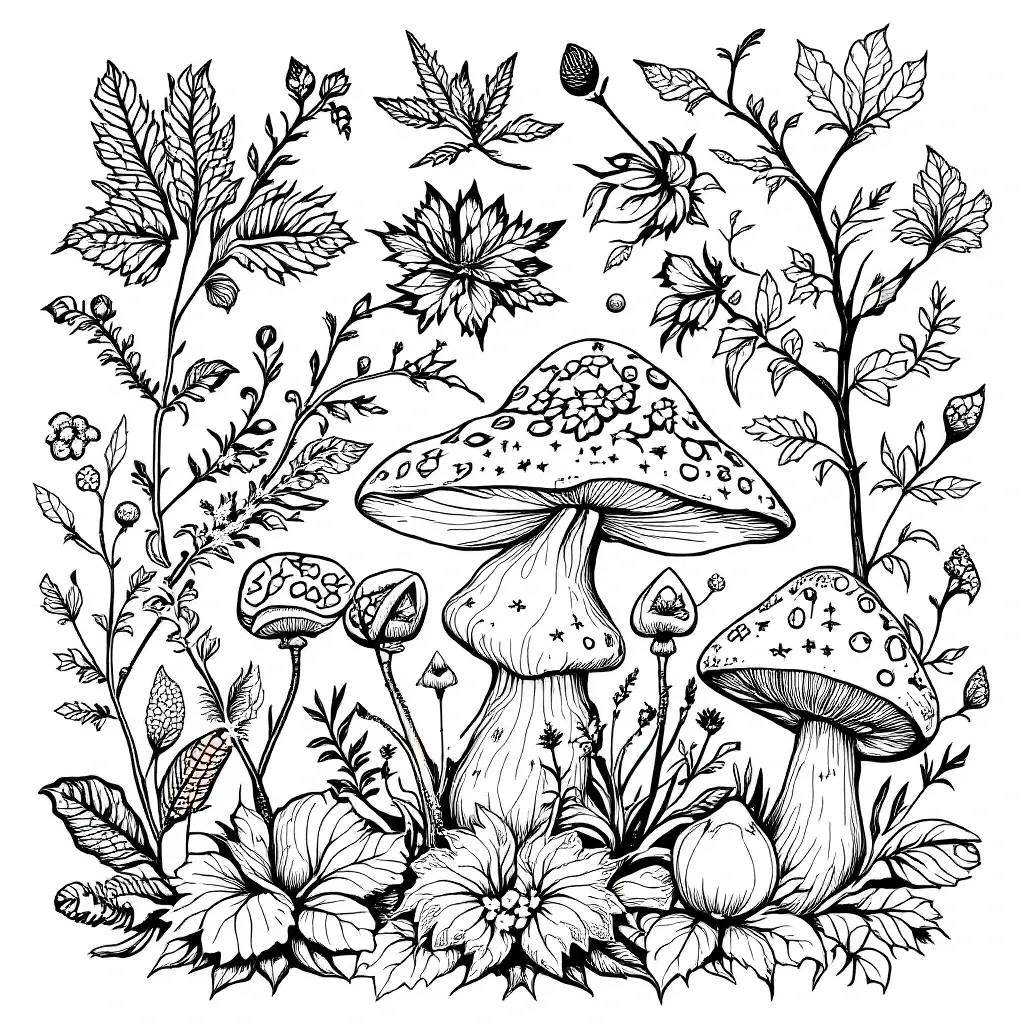 Black and white enchanted mushroom garden coloring page with mushrooms, wildflowers and leafy stems detailed coloring page, kids' coloring page, printable coloring page and coloring sheets for spring