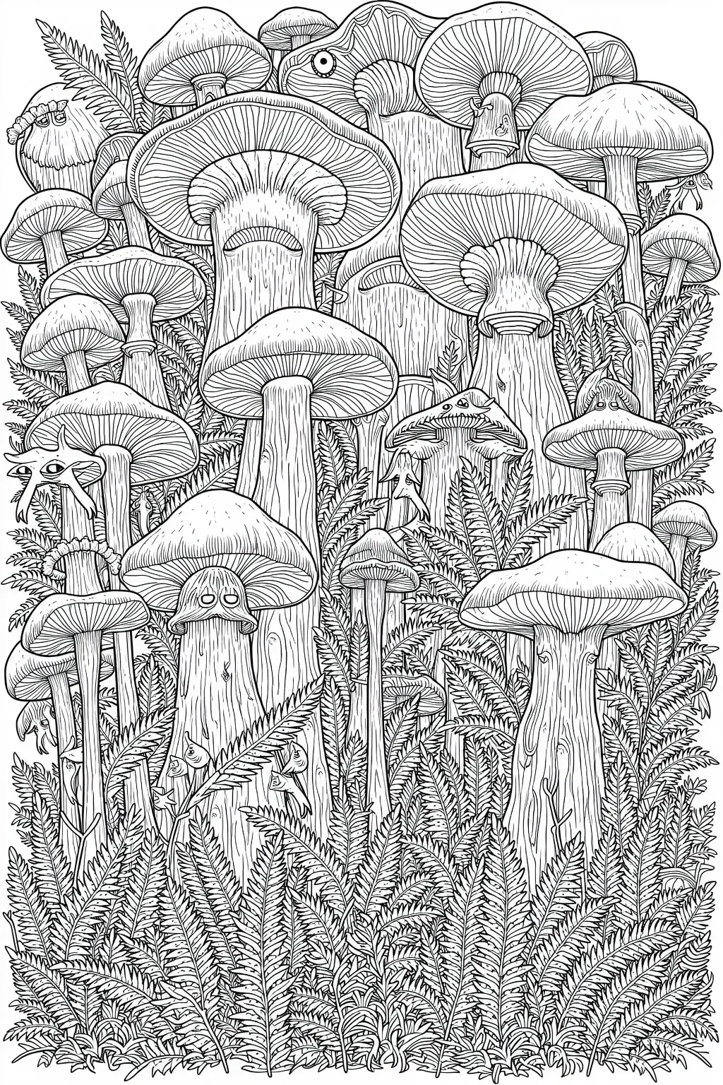 Intricate black-and-white mushroom forest line art for a printable coloring page featuring detailed coloring page, kids' coloring page, and coloring sheets with ferns and hidden faces perfect as a