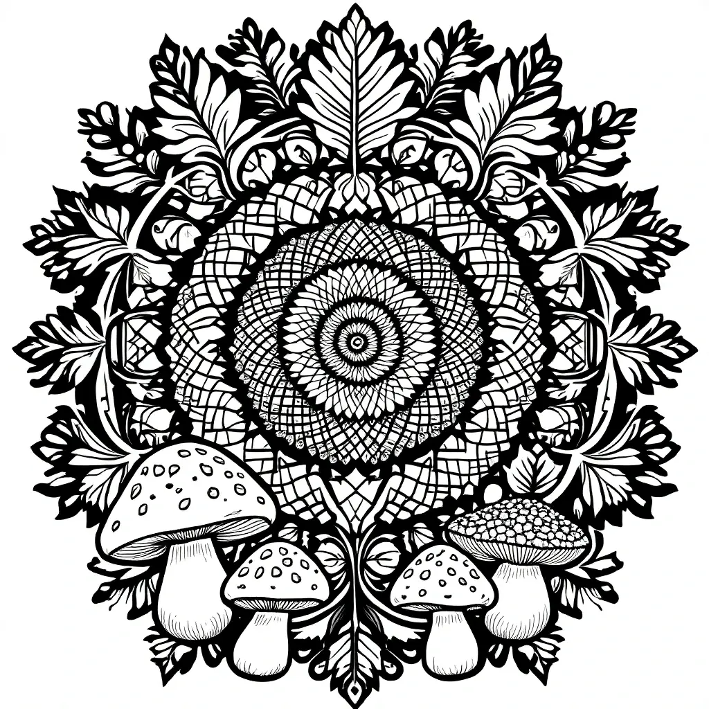 Intricate black-and-white mushroom mandala coloring sheet featuring a detailed central mandala surrounded by leaves and four mushrooms printable coloring page for kids' coloring page and detailed