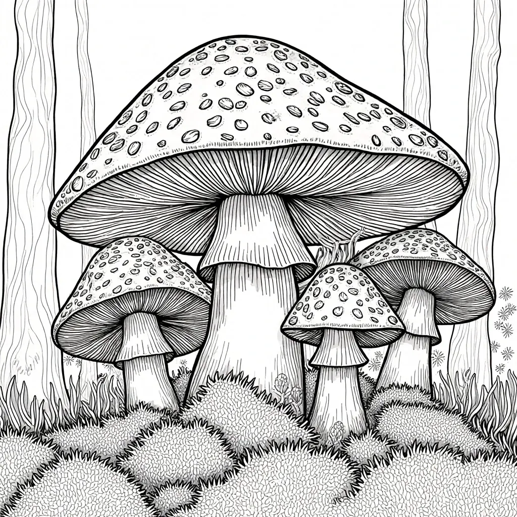 Detailed coloring page featuring large mushrooms in a forest setting, perfect for printable coloring activities.