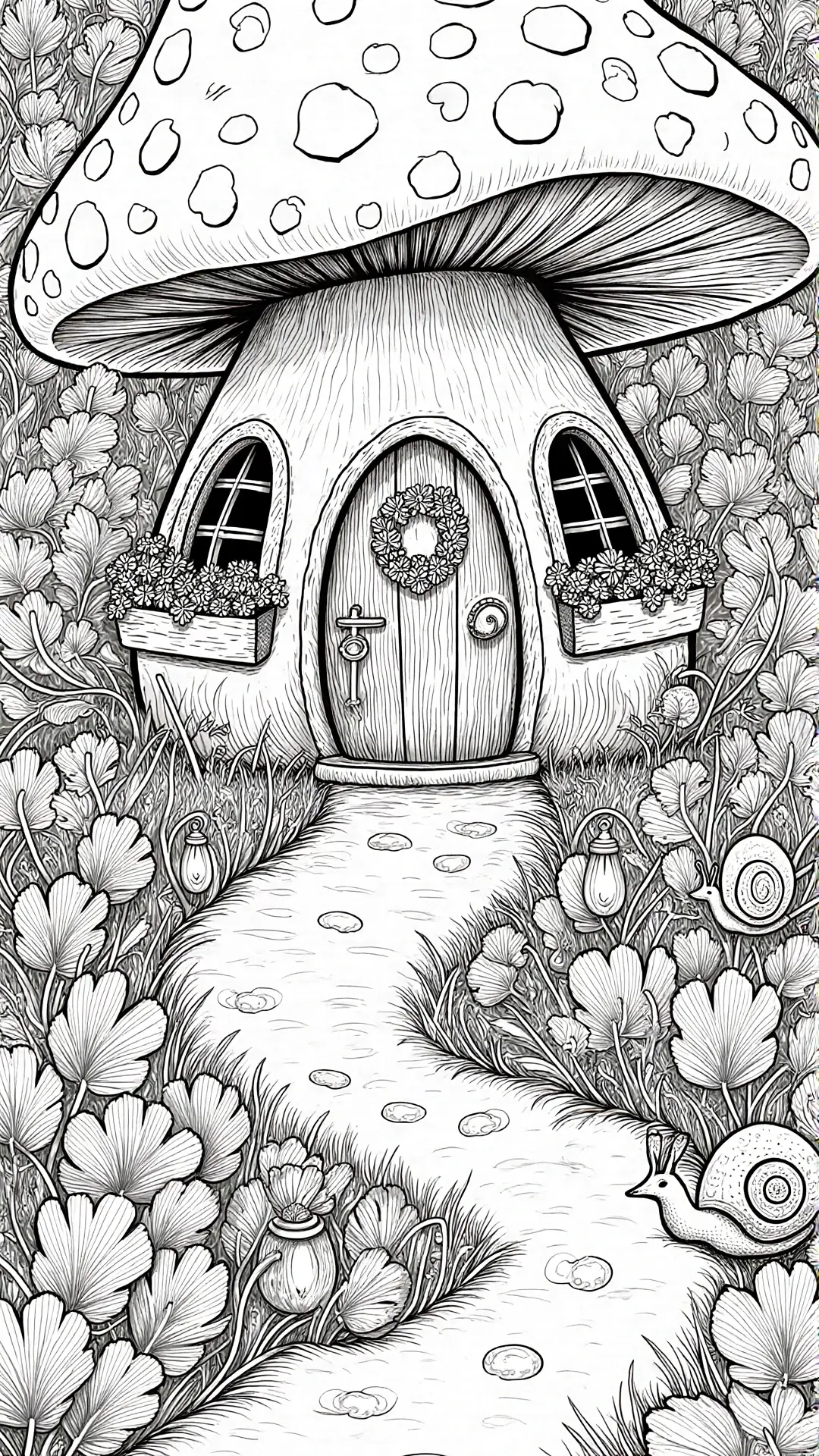 Black-and-white mushroom house line art detailed coloring page for kids' coloring page and adult use. printable coloring page style coloring sheets and printable coloring page. Spring garden scene