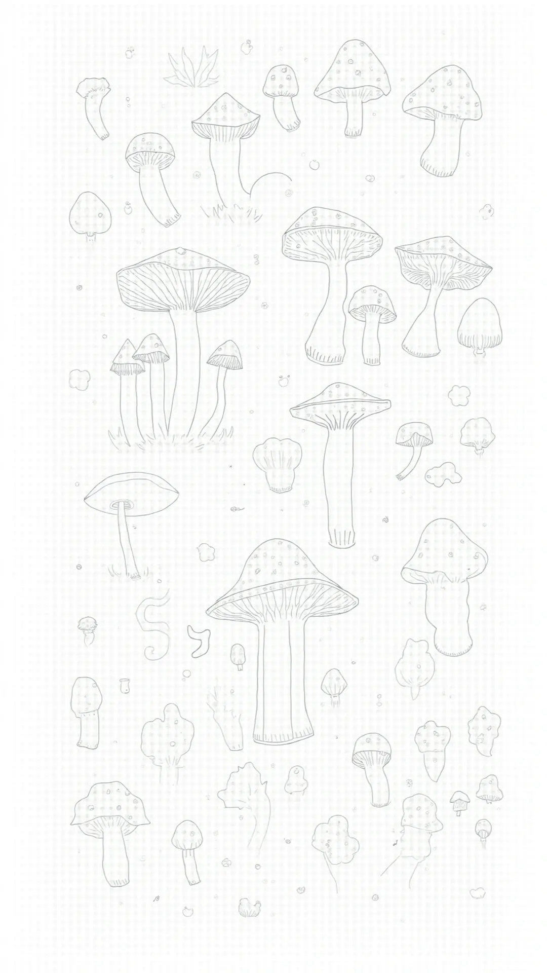 Line-drawing mushroom forest coloring sheet featuring multiple whimsical fungi sketches on a light grid background ideal detailed coloring page and kids' coloring page. Use as a printable coloring