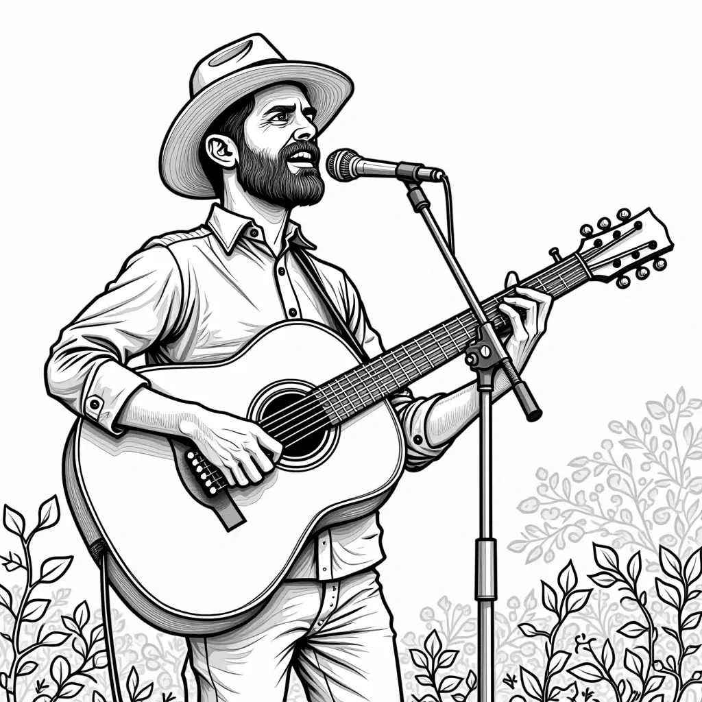 Black-and-white line art of a bearded man wearing a hat, singing into a microphone while playing an acoustic guitar, with leafy plants in the foreground a detailed coloring page style suitable for