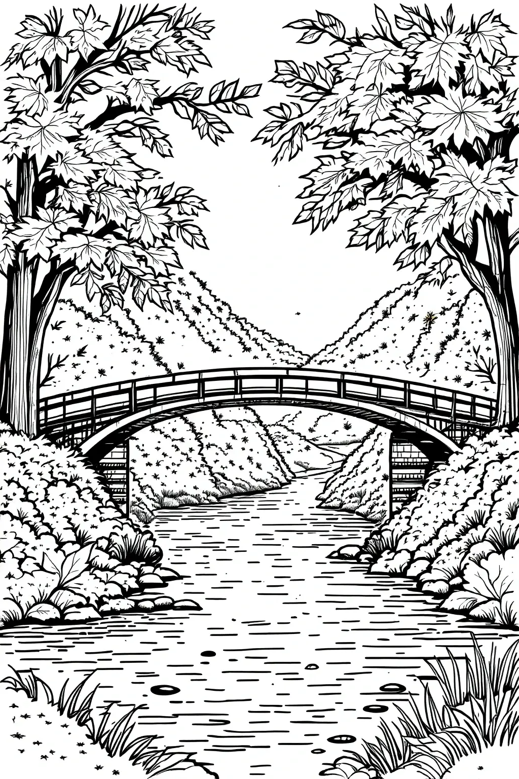 Black-and-white nature scene coloring page showing a bridge over a river framed by trees and hills detailed coloring page, kids' coloring page, printable coloring page and coloring sheets for spring