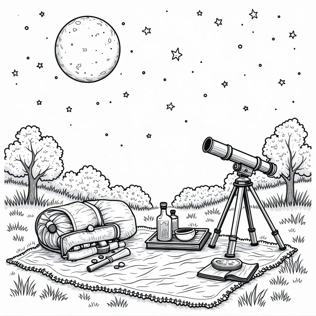 Black-and-white printable night picnic scene with telescope, moon, stars, trees and blanket detailed coloring page, kids' coloring page, printable coloring page, coloring sheets for stargazing and