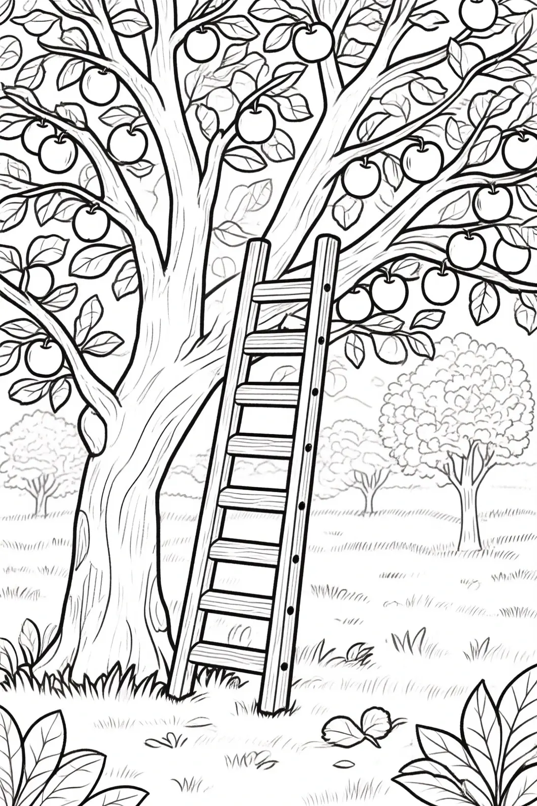 Black-and-white apple tree orchard with a ladder leaning against the trunk, ready for picking. Detailed coloring page style with many small leaves and apples ideal kids' coloring page, printable