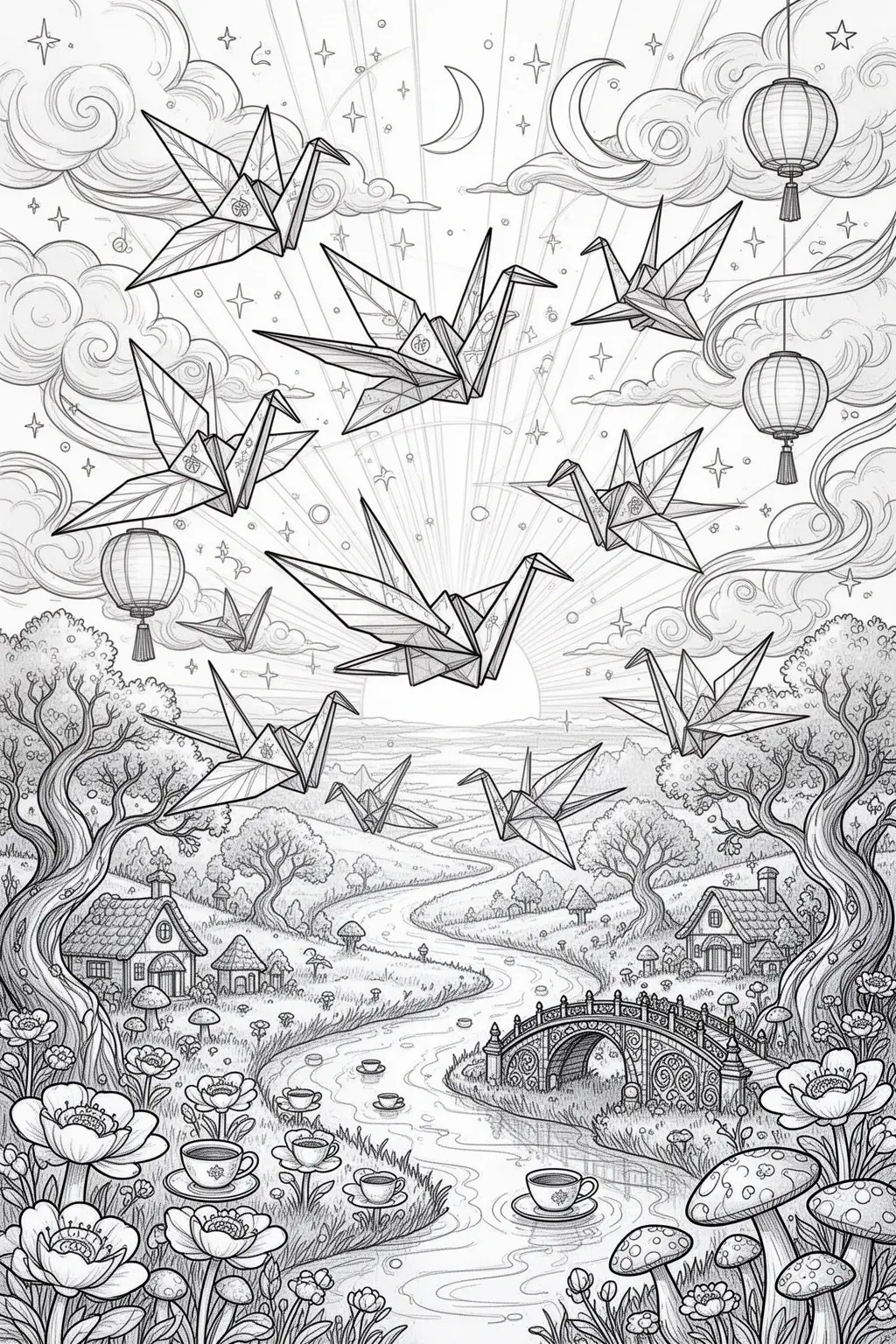 Enchanted Origami Crane Flock at Sunset | coloring page.
