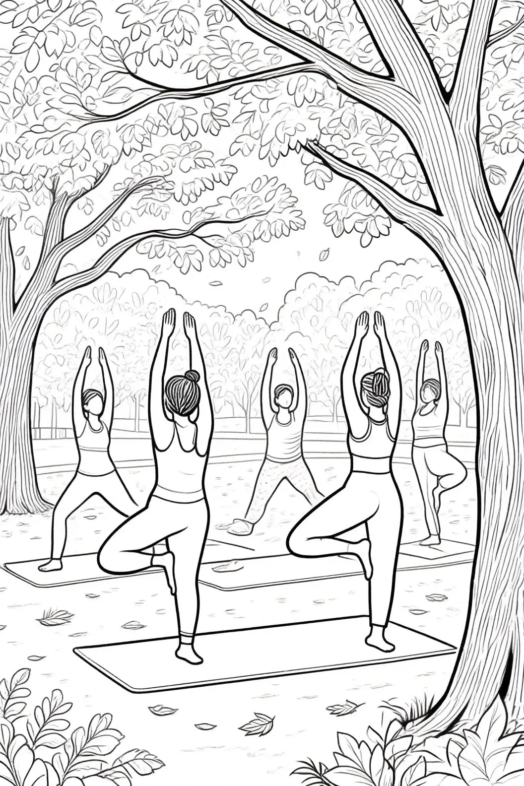Black-and-white outdoor yoga scene with five people doing tree pose on mats under trees detailed coloring page ideal for kids' coloring page, printable coloring page, and coloring sheets.