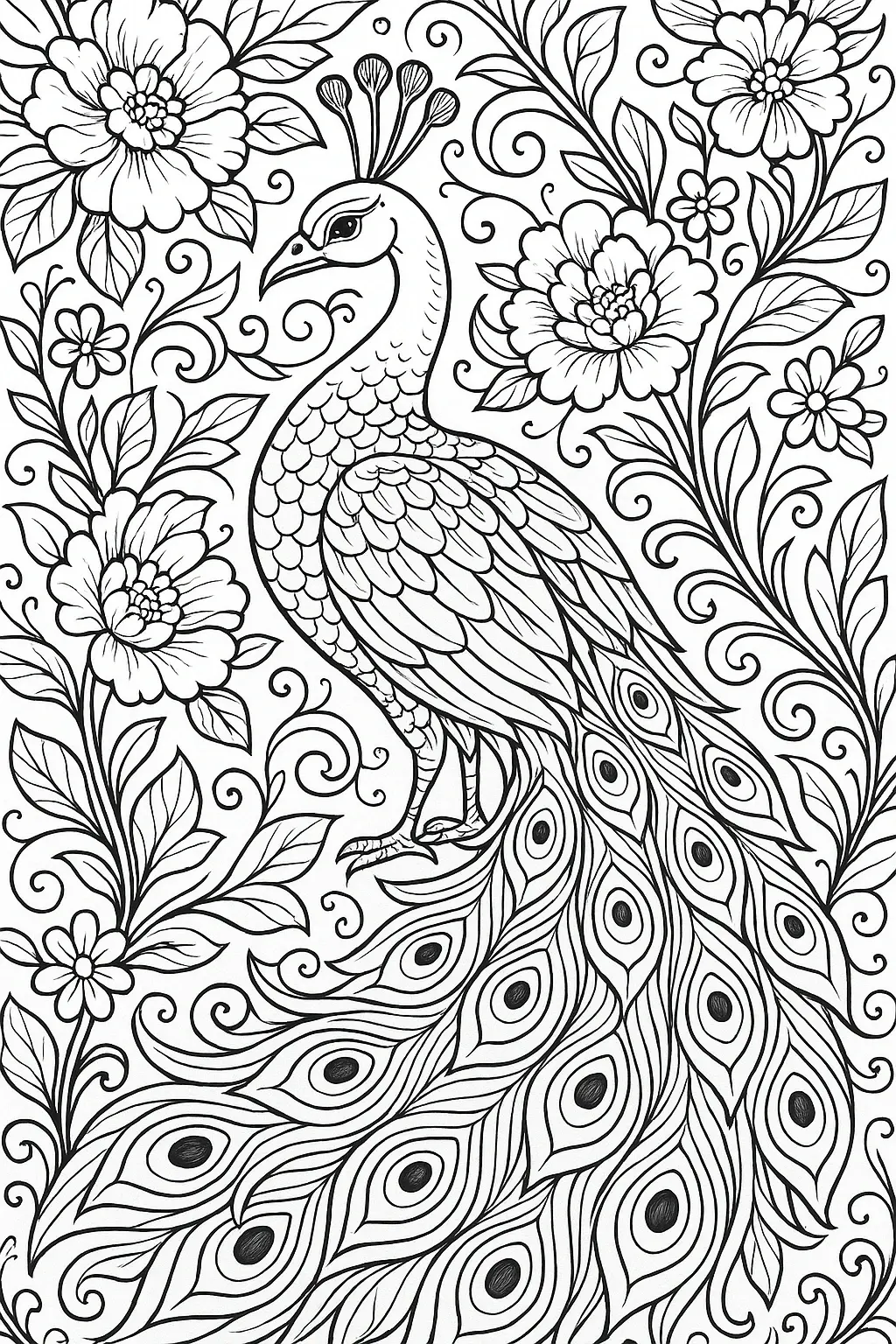Black-and-white peacock surrounded by large flowers and swirling vines a detailed coloring page ideal for kids' coloring page, detailed coloring page, printable coloring page and coloring sheets