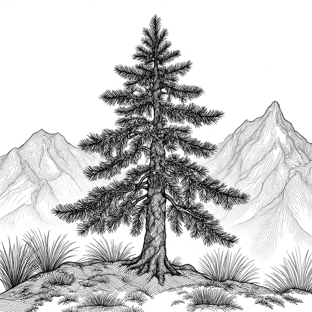 Black-and-white pine tree and mountain scene coloring page a detailed coloring page ideal for kids' coloring page and an adult printable coloring page; great printable coloring sheets and coloring