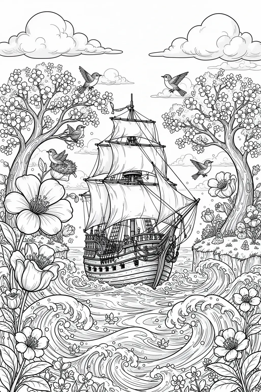 Black and white pirate ship spring island coloring page.