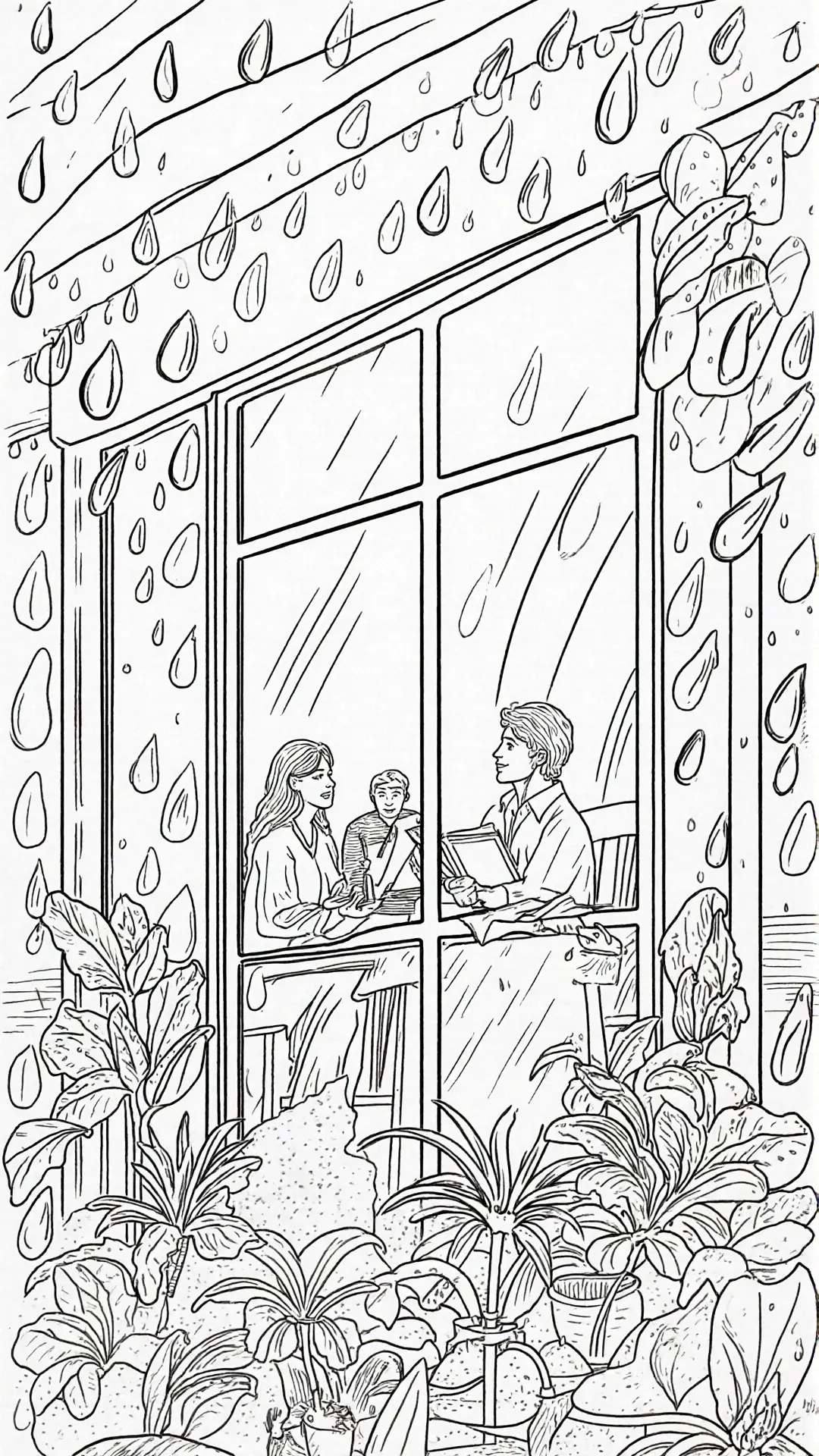Black-and-white detailed coloring page of a rainy window scene showing people inside reading with plants outside; kids' coloring page and printable coloring page style coloring sheets with many