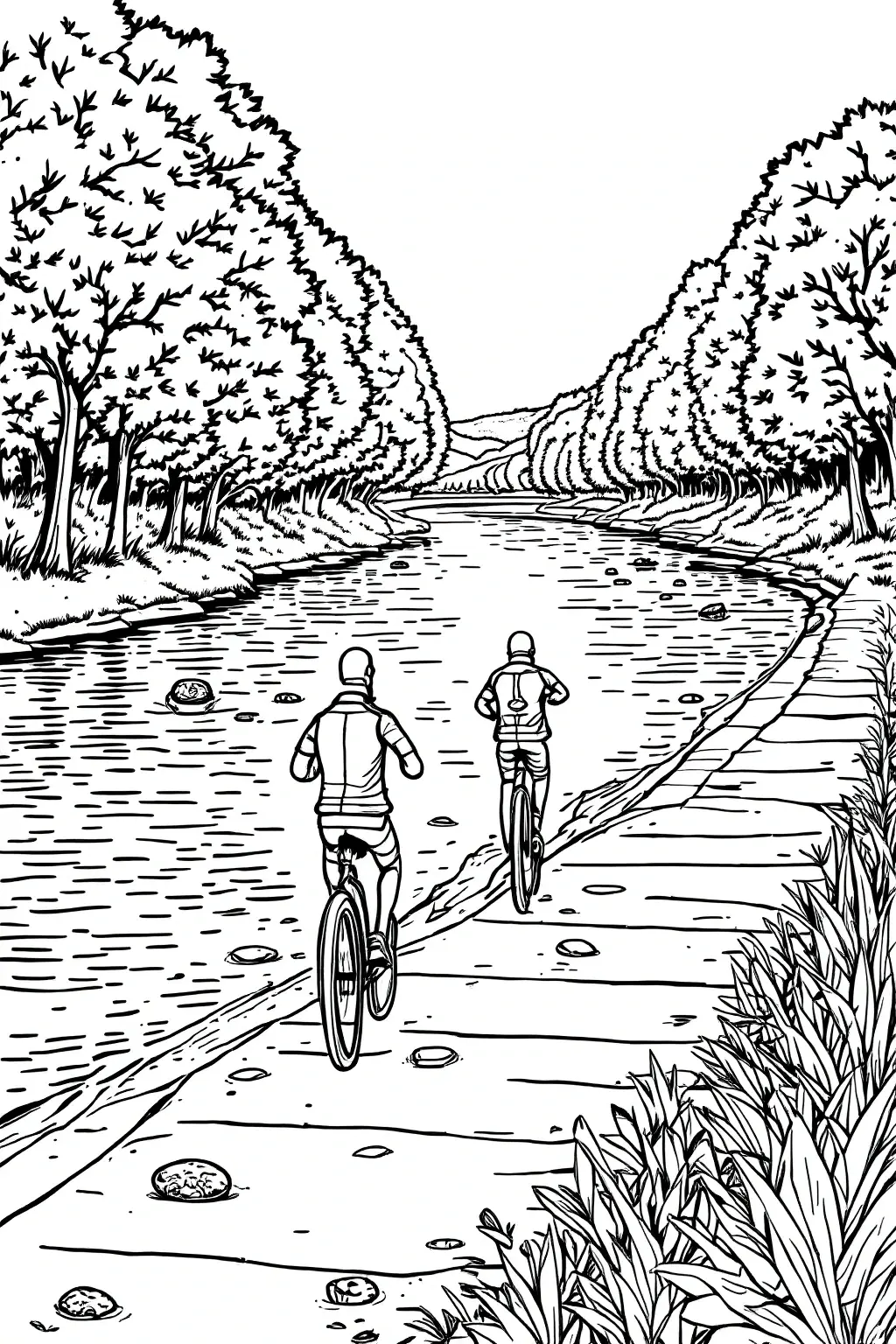 Black-and-white riverside bike ride detailed coloring page scene with two people cycling along a river path; kids' coloring page and printable coloring page coloring sheets for spring and summer.