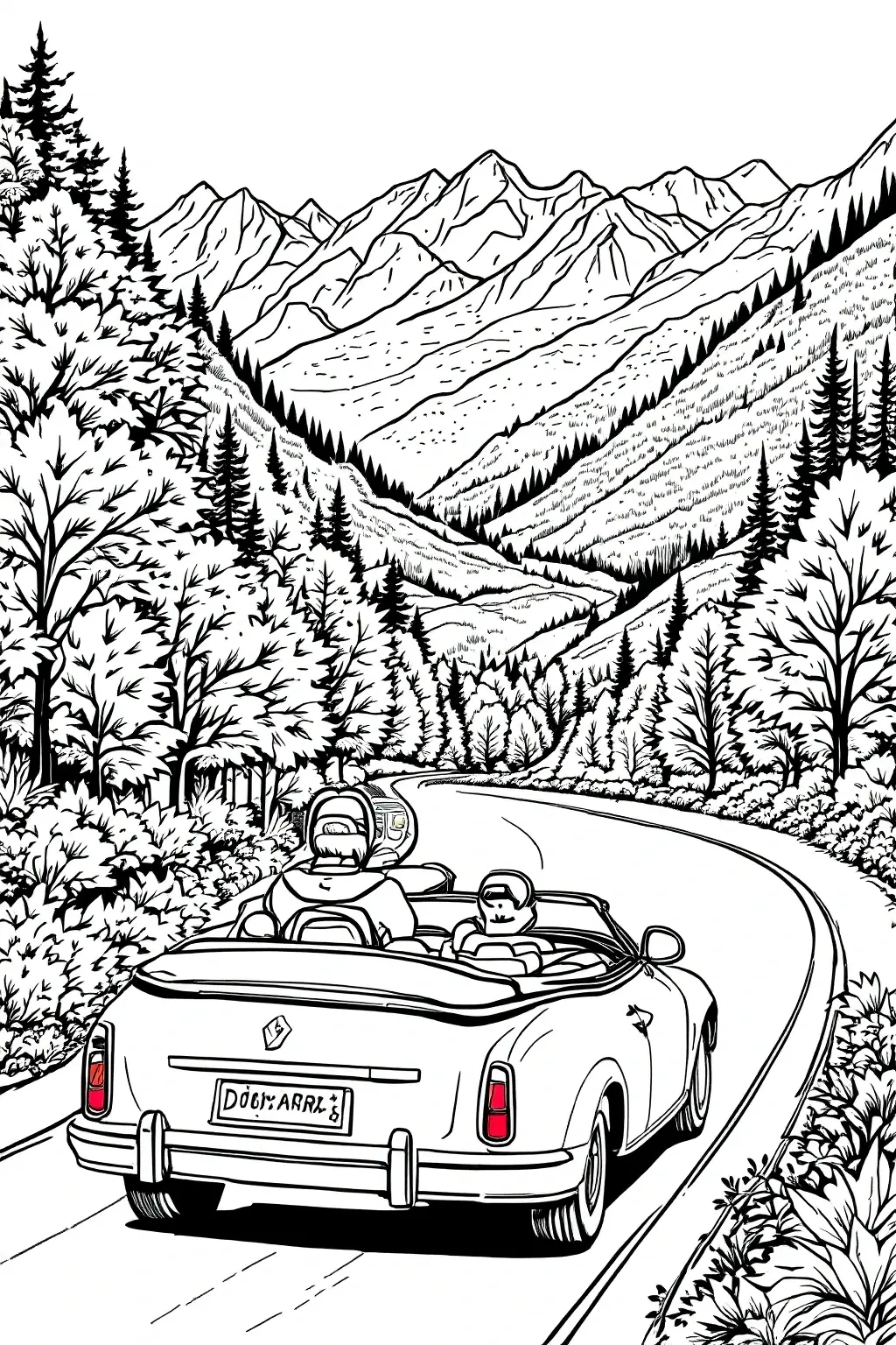 Black and white mountain road trip coloring page showing people in a convertible driving through trees and peaks detailed coloring page, kids' coloring page, printable coloring page, coloring sheets