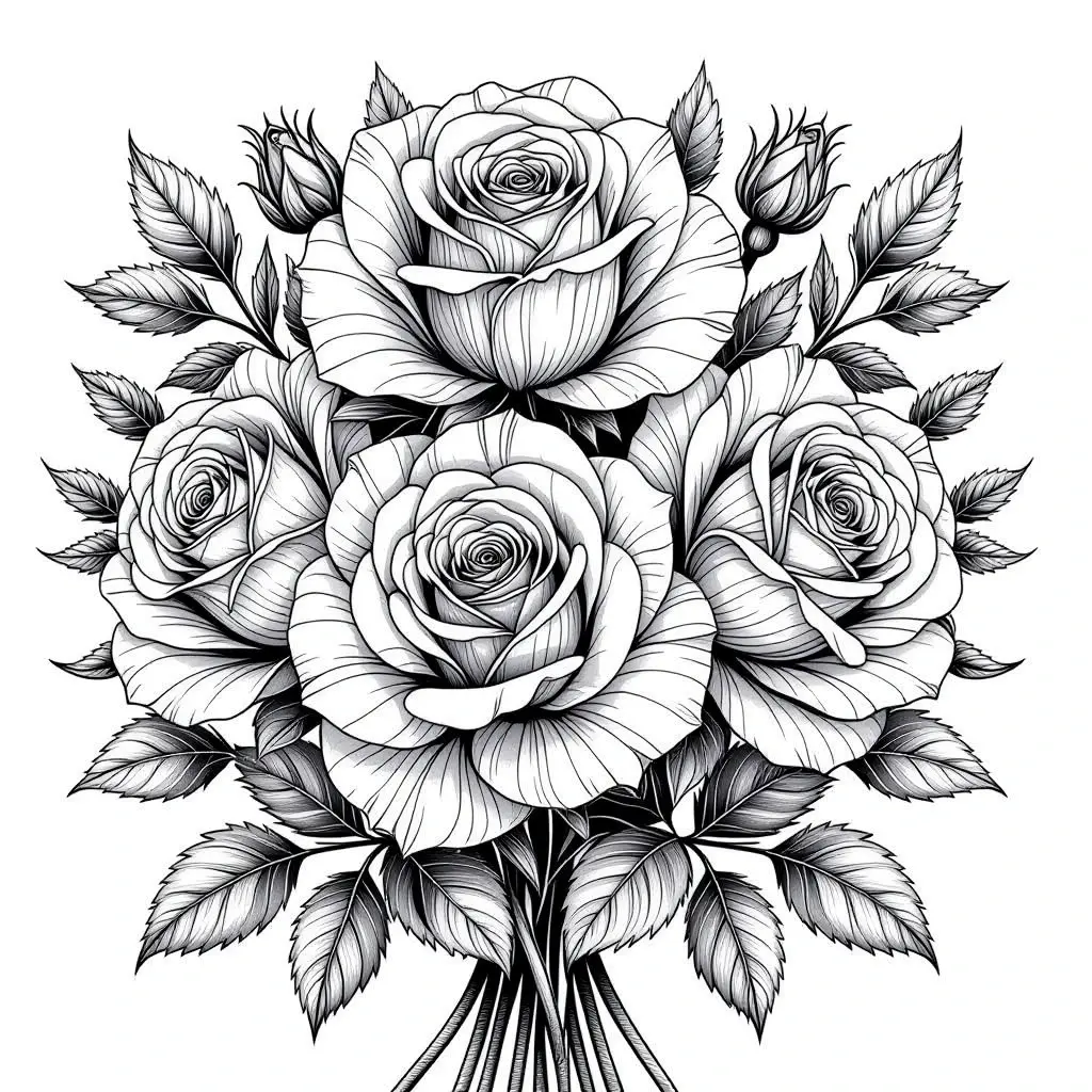 Black-and-white detailed rose bouquet line art for printable coloring page high-detail coloring sheet suitable for detailed coloring page, kids' coloring page and printable coloring page collections.