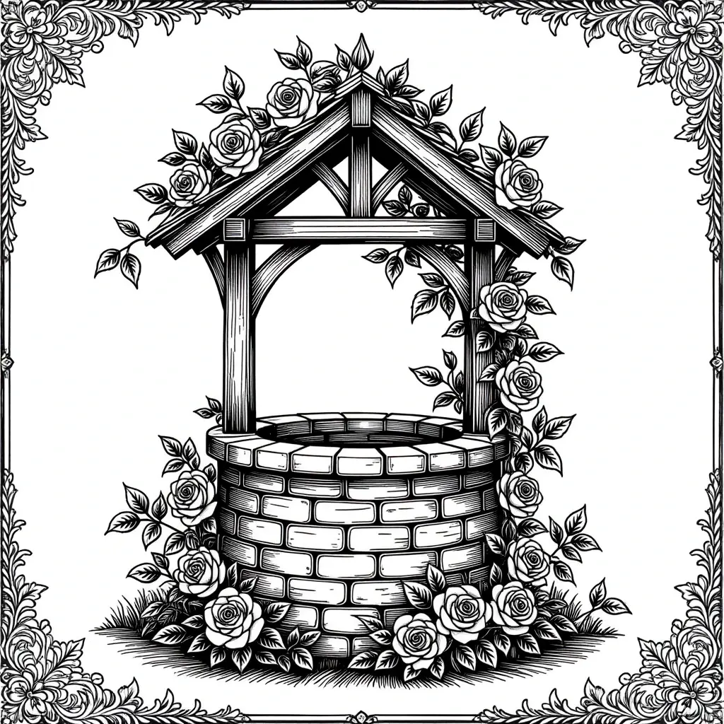 Black and white rose-covered wishing well line art printable coloring sheet featuring detailed coloring page, kids' coloring page, printable coloring page and coloring sheets for spring and summer.
