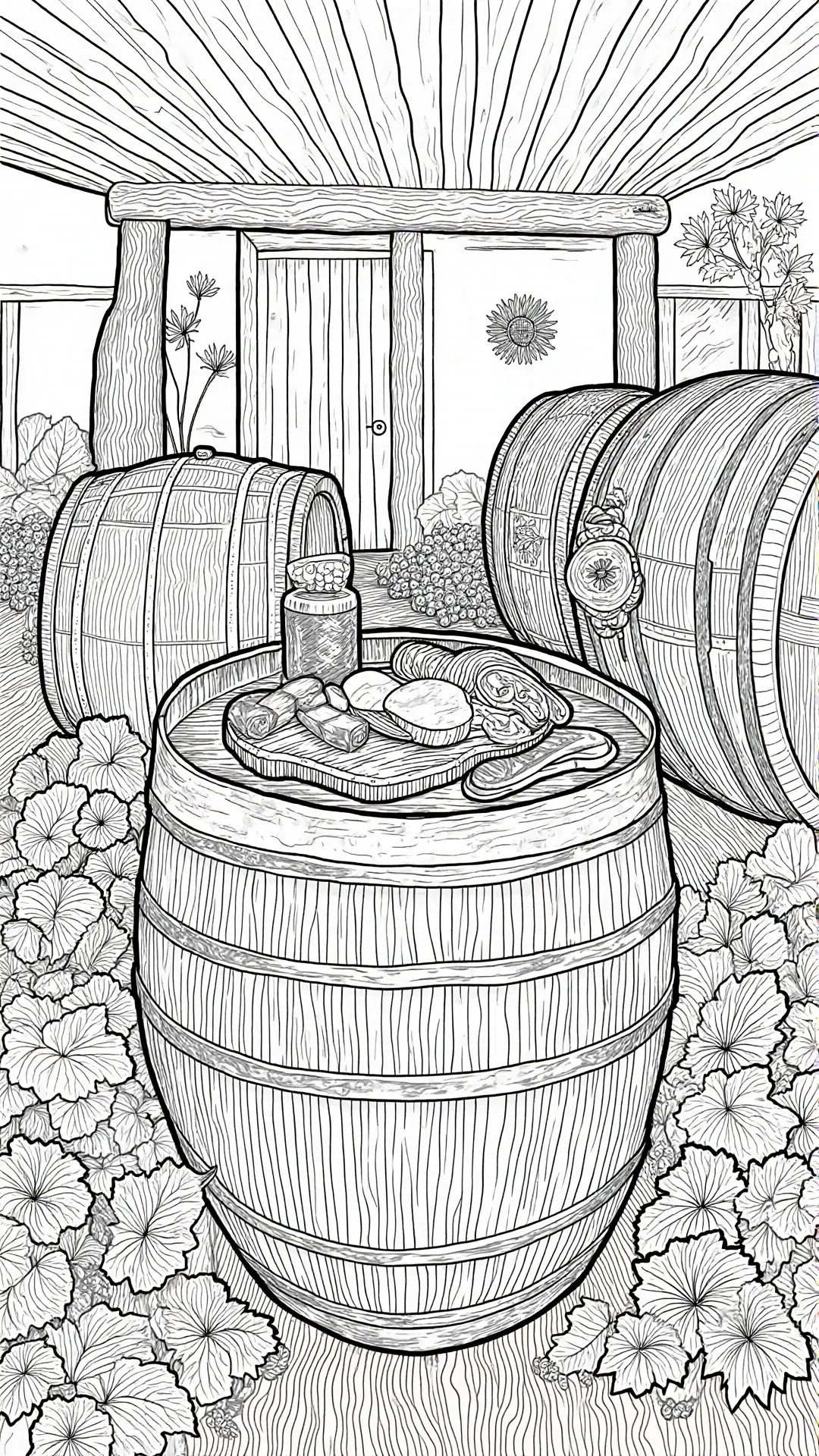 Black-and-white line art of rustic wooden barrels, a round top with cheese and bread, surrounded by flowers detailed coloring page, kids' coloring page, printable coloring page and coloring sheets for