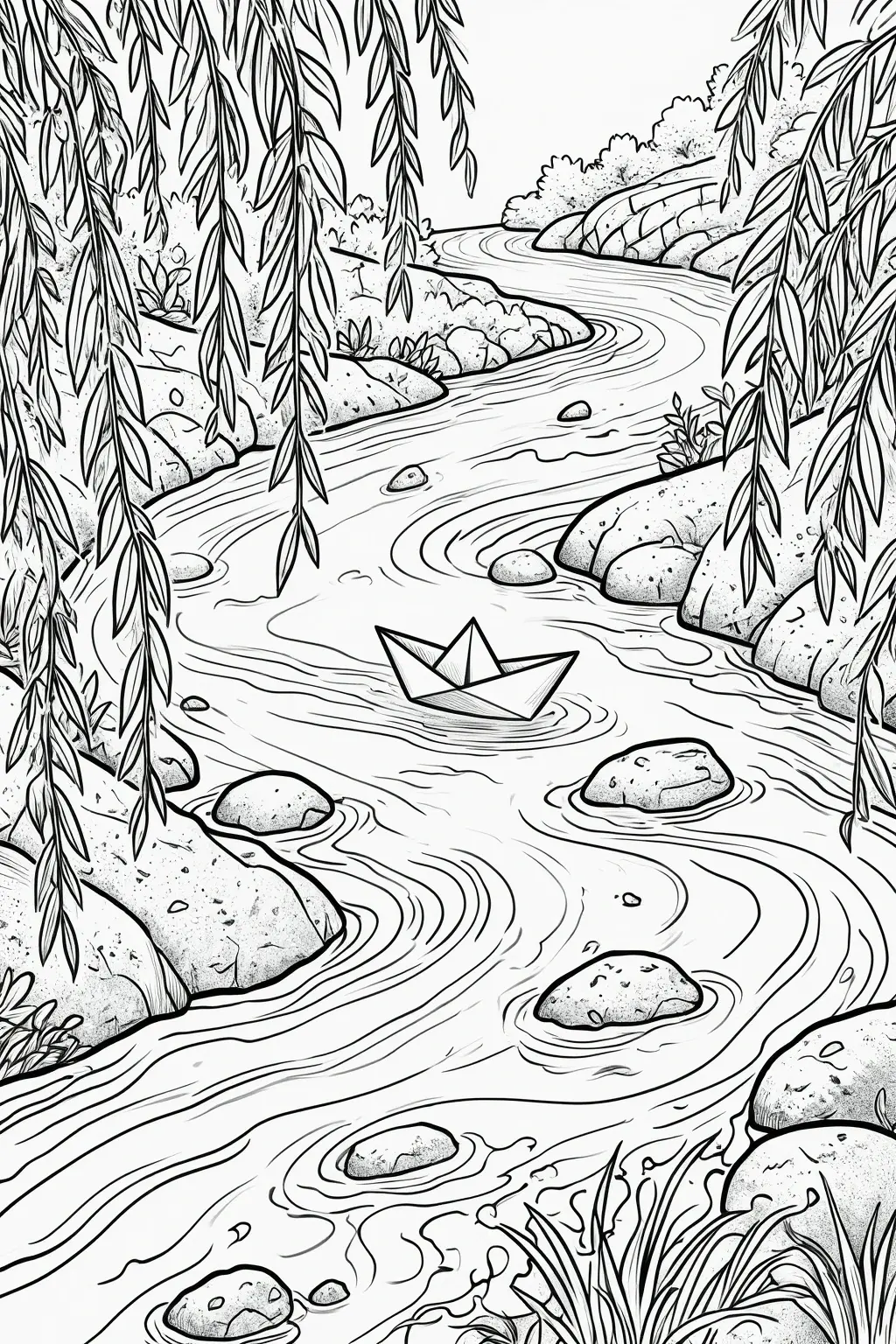 Black and white detailed coloring page of a winding river with rocks, hanging tree branches, and a paper boat floating on the water, designed as a printable coloring page scene with coloring sheets
