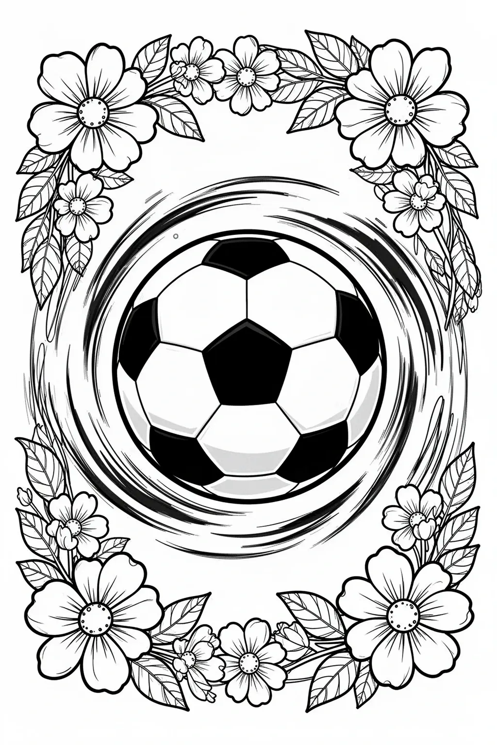 Black-and-white printable soccer ball coloring page framed by flowers and leaves.
