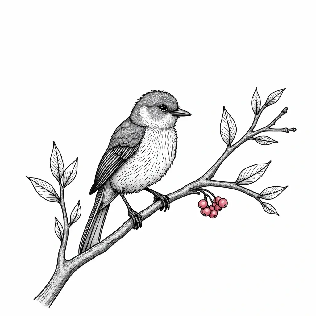 Black-and-white detailed bird illustration on a branch with small berries printable coloring sheet, detailed coloring page, kids' coloring page, printable coloring page, coloring sheets. Animal