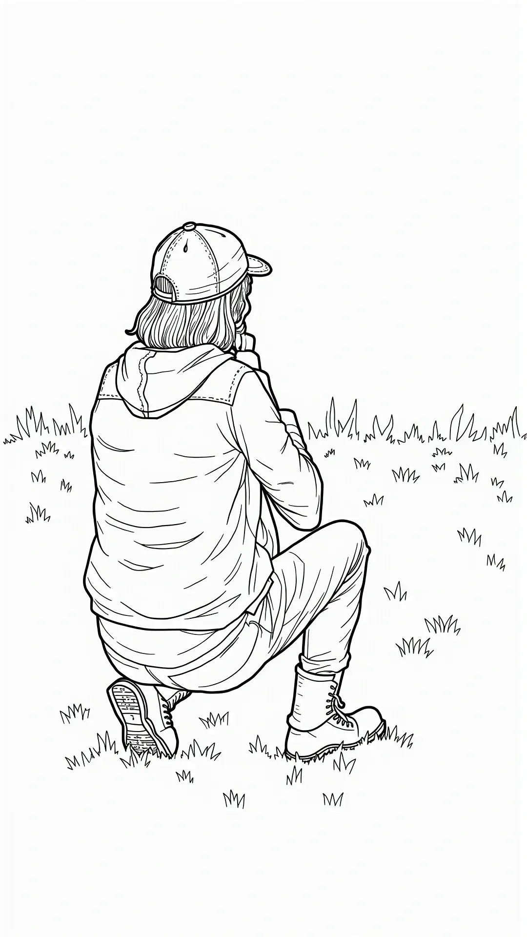 Back-view of a person sitting on grass wearing a cap black-and-white detailed coloring page for kids' coloring page, printable coloring page and coloring sheets, suitable as detailed coloring page and