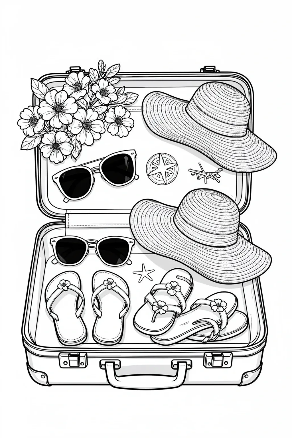 Black-and-white printable spring break suitcase coloring page with flowers and travel accessories.