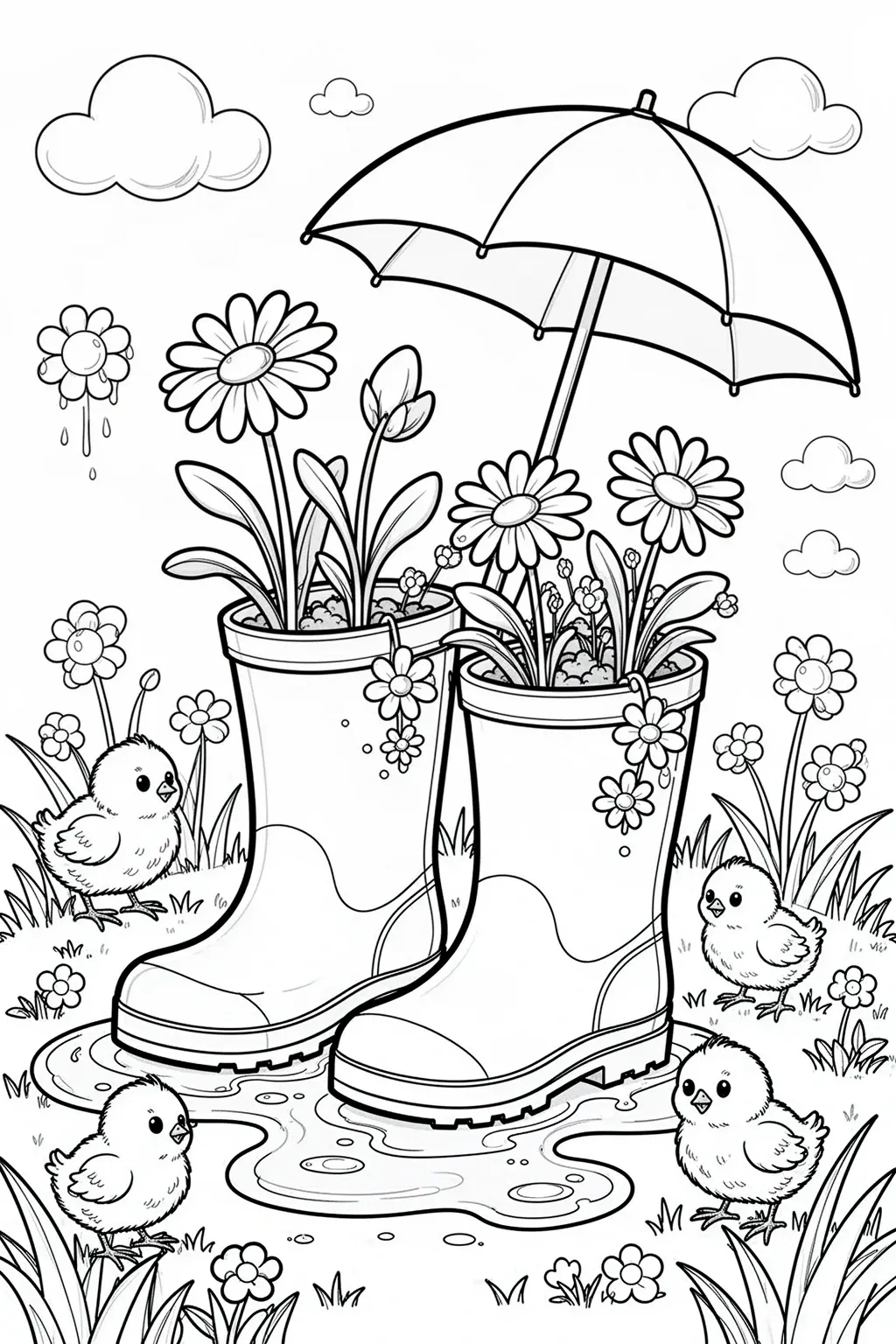 Detailed coloring page of rain boots used as flower planters with daisies, puddles, umbrella, and chicks.
