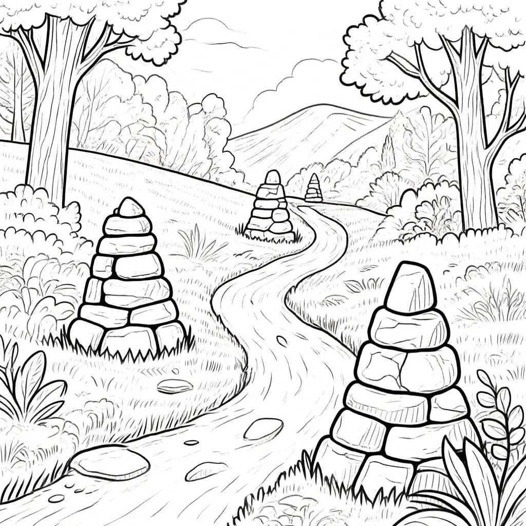 Black-and-white line art of a winding nature path with trees, bushes and stacked stone cairns detailed coloring page ideal for kids' coloring page, printable coloring page and coloring sheets; spring