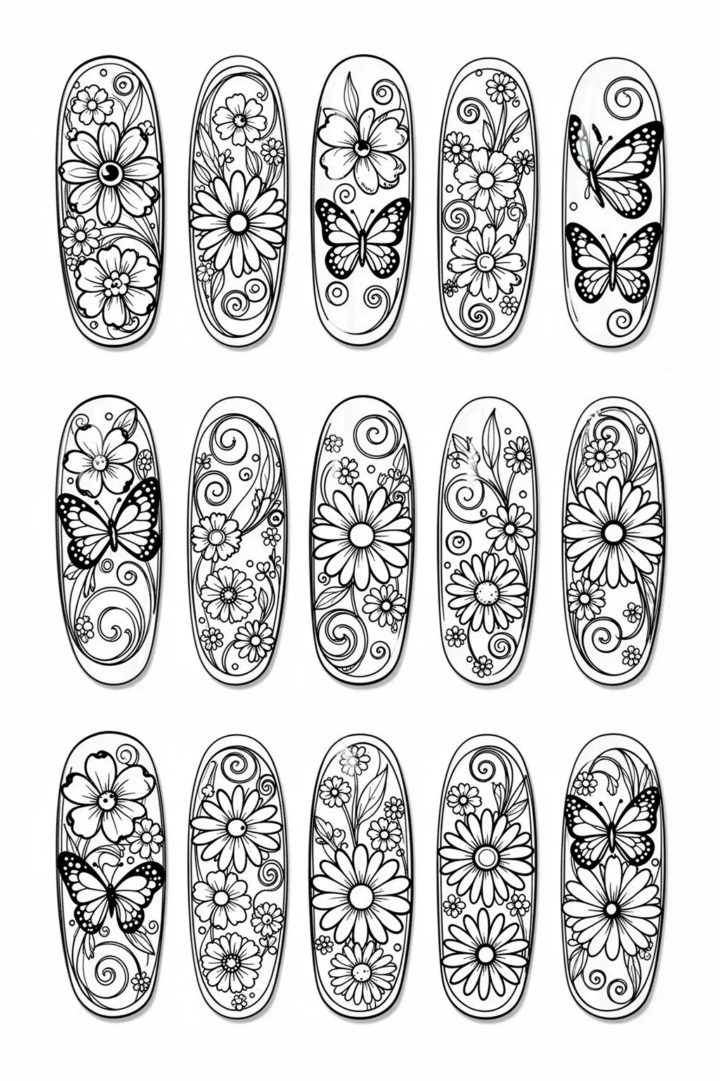 Black-and-white printable coloring page inspired by spring nail art with flowers and butterflies.