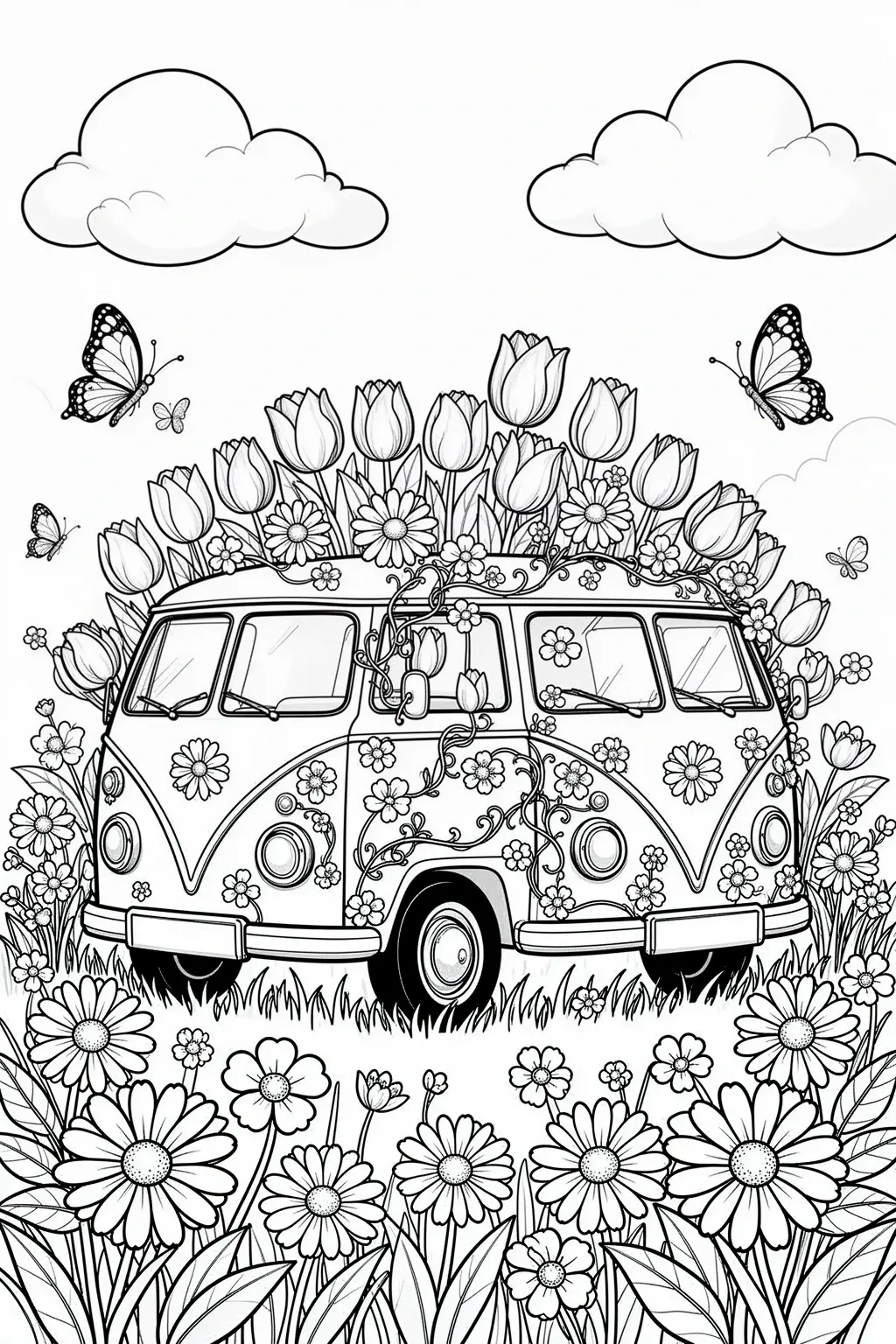 Detailed coloring page of a spring floral van covered in tulips, daisies, butterflies, and meadow details.