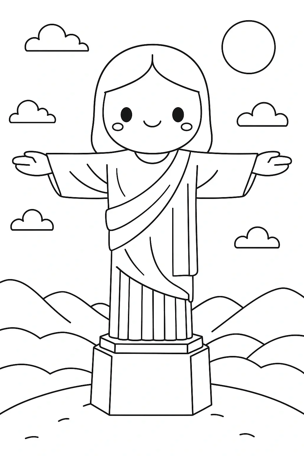 Black-and-white statue people coloring page line art detailed coloring page for kids' coloring page, printable coloring page and coloring sheets, simple clouds and sun scene for spring and summer.