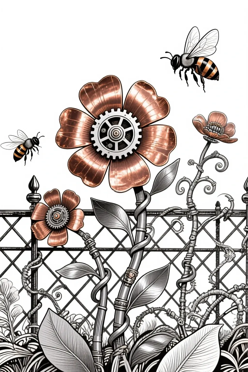 Steampunk copper flower with bees a detailed coloring page printable showing metallic petals, gears, vines and fence; perfect kids' coloring page, coloring sheets and printable coloring page.