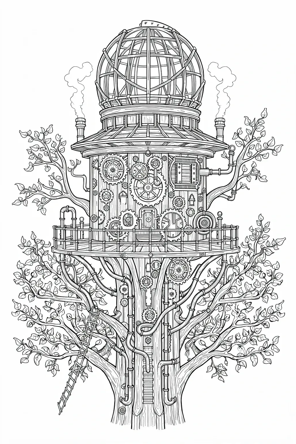 Steampunk treehouse observatory line art with gears, pipes, ladders and leafy branches detailed coloring page, kids' coloring page, printable coloring page, coloring sheets, mandala-like patterns for