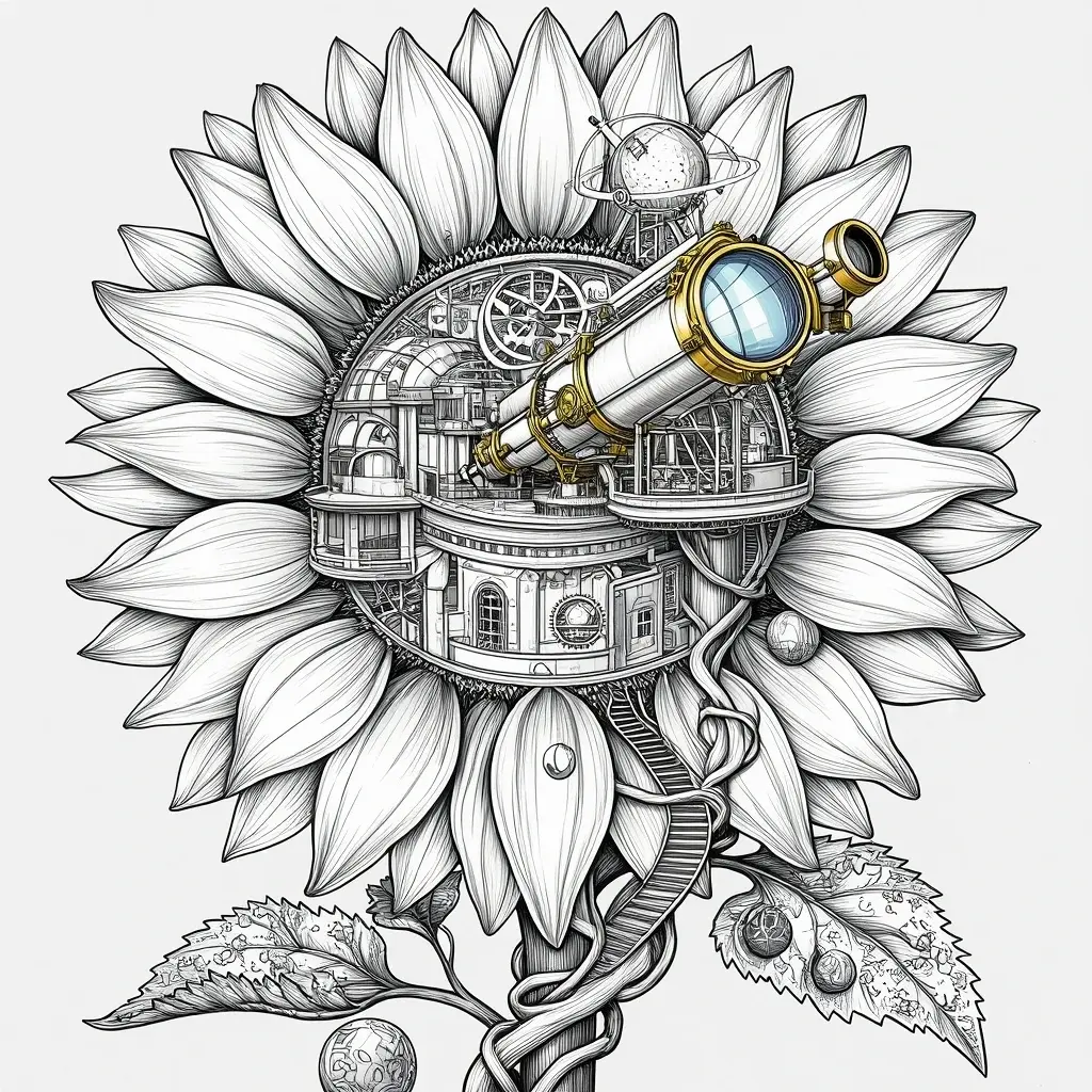 A detailed black and white steampunk sunflower observatory with a telescope in the center, perfect for detailed coloring page, kids' coloring page, printable coloring page, and coloring sheets. This