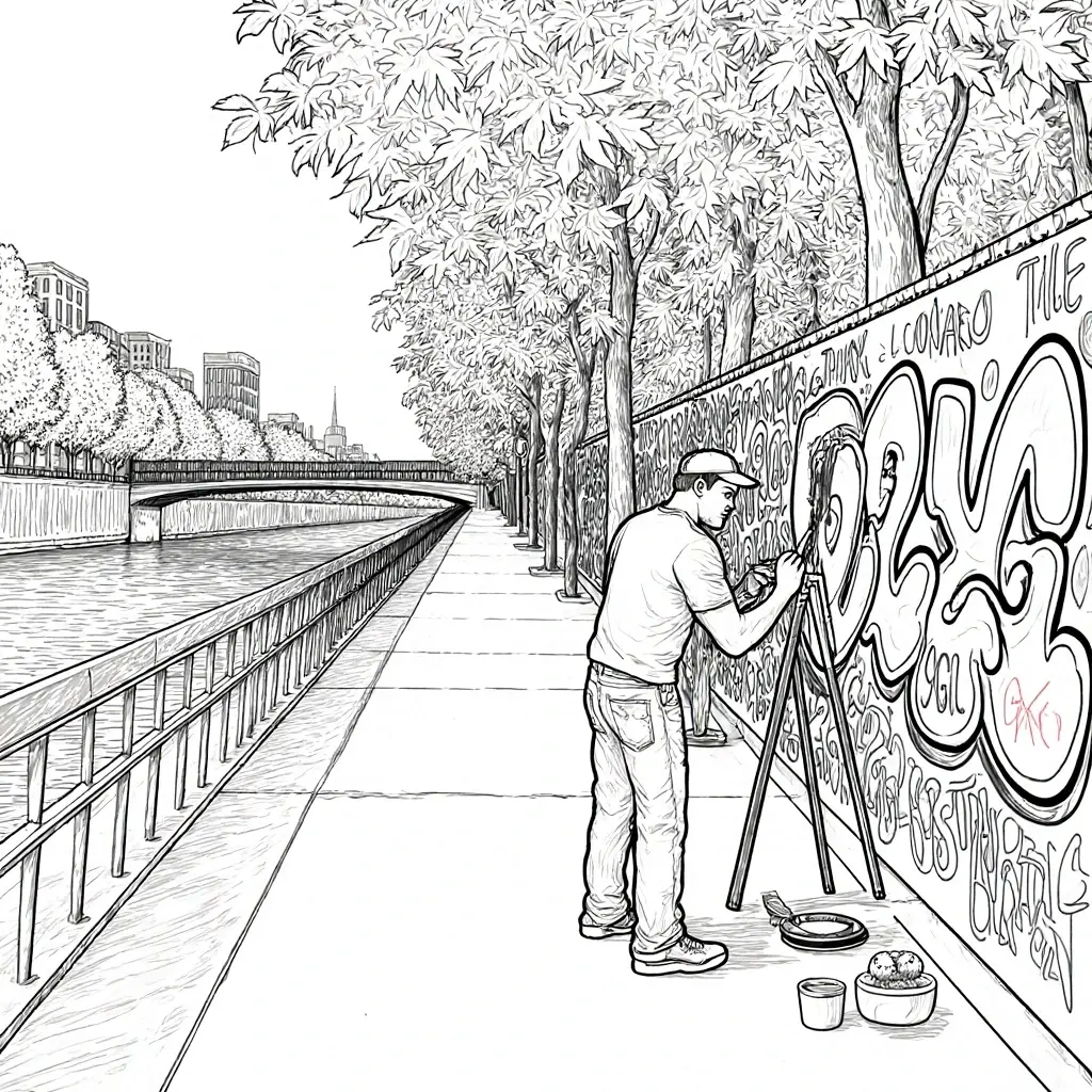 Black-and-white line art of a person painting graffiti on a long wall beside a river walkway with trees detailed coloring page, kids' coloring page, printable coloring page, coloring sheets, people.