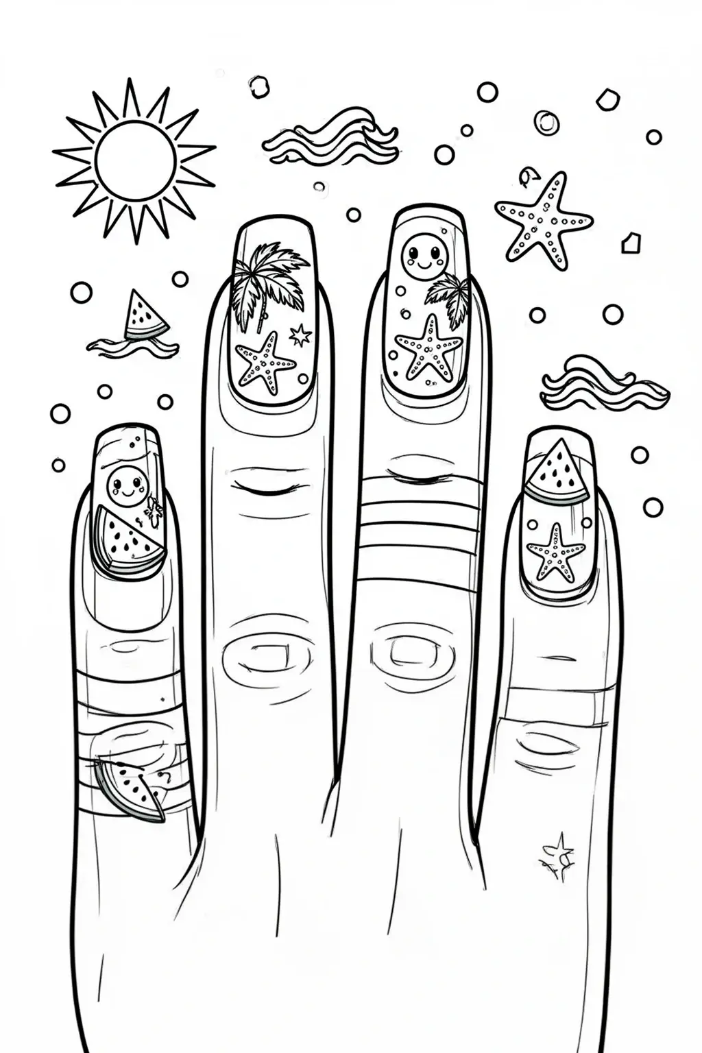 Fun Summer Nails coloring page: Cute Nail Art & Summer Vibes.