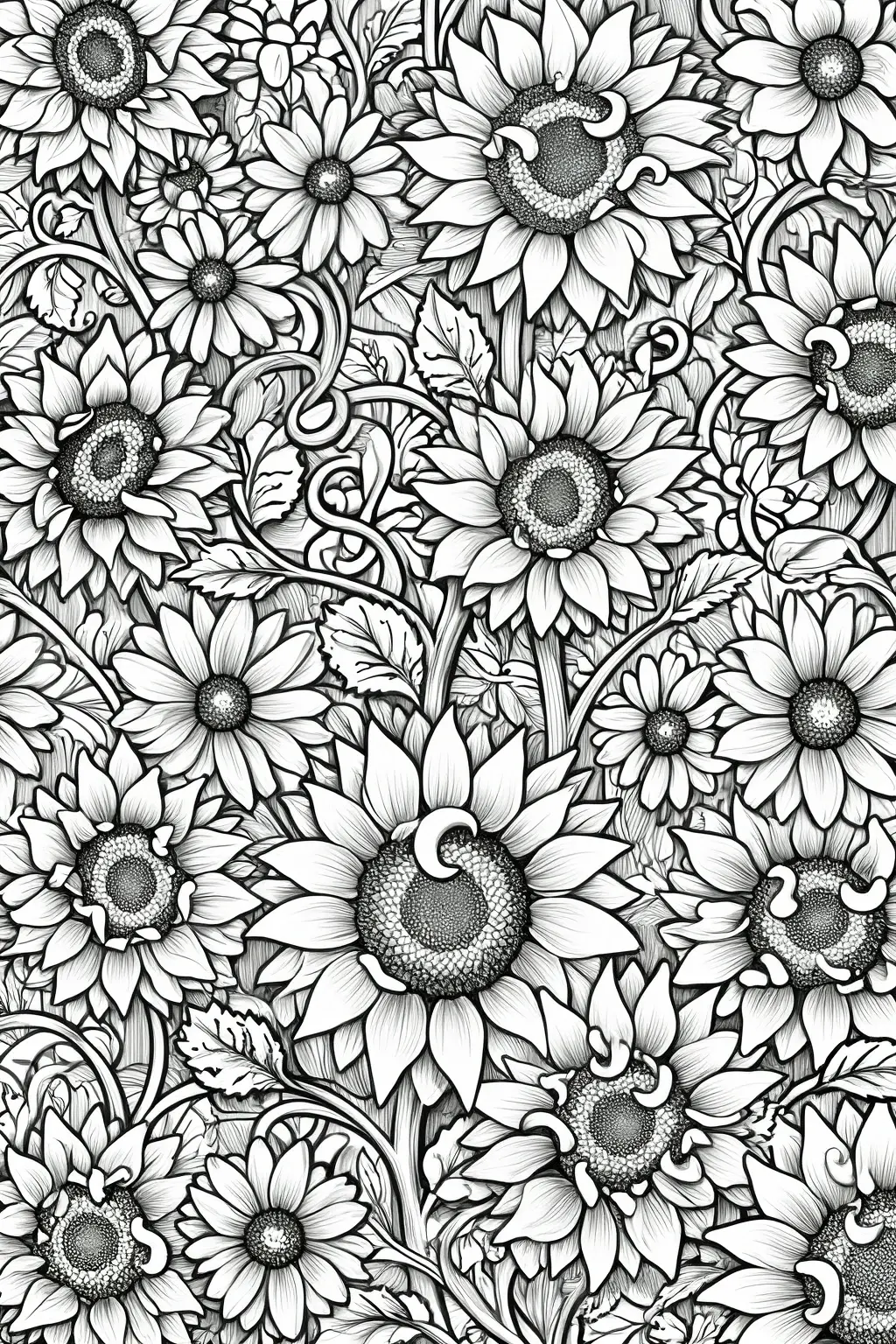 Black and white sunflower floral pattern with many detailed blooms, leaves, and swirling vines, designed as detailed coloring page, kids' coloring page, a printable coloring page, and coloring sheets.
