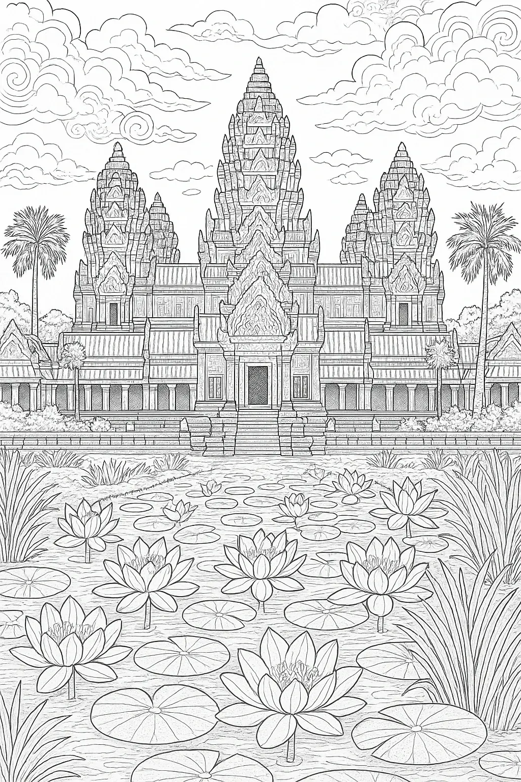 Black-and-white line art of a grand temple behind a lotus pond with lily pads and flowers; ideal as detailed coloring page, kids' coloring page, printable coloring page and coloring sheets with