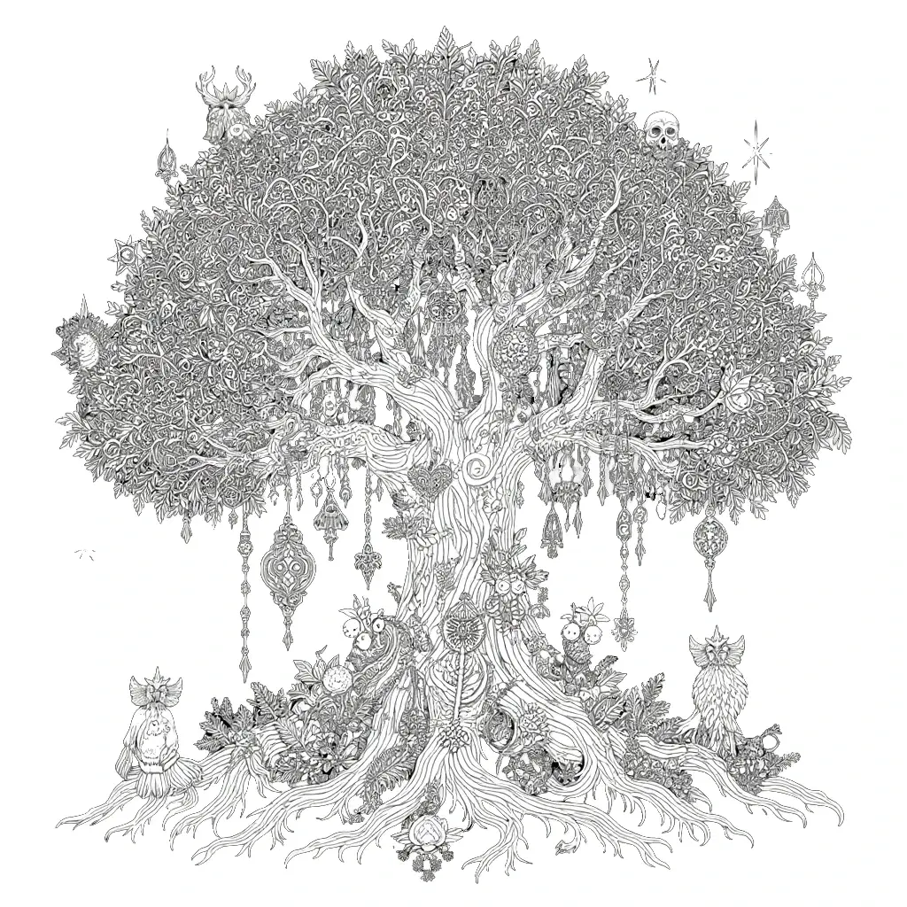 Intricate black-and-white Tree of Life illustration with ornate mandala patterns, hanging ornaments, owls and tiny animals detailed coloring page and kids' coloring page printable coloring page