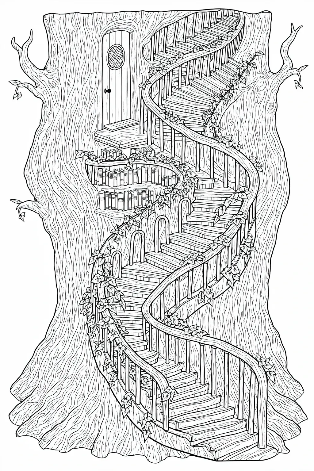 Black-and-white detailed treehouse staircase coloring page with winding wooden stairs, railing wrapped in ivy, a small round-doored room and shelves of books a printable coloring page style image for