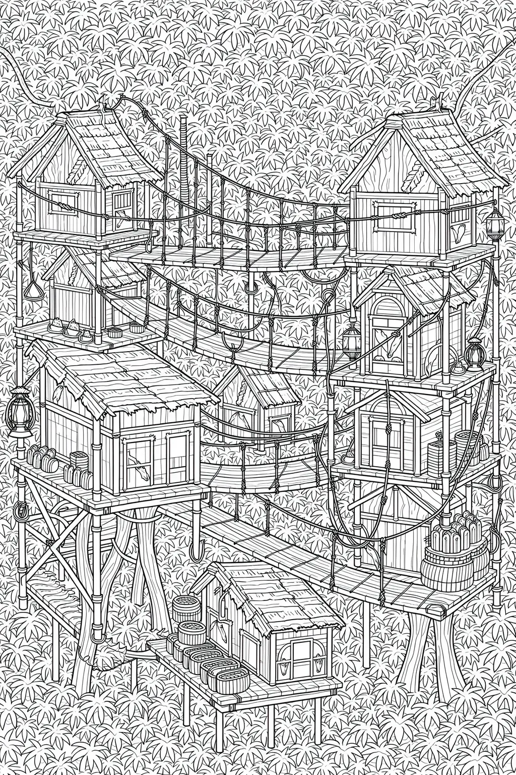 Black-and-white tropical treehouse village line art detailed coloring page with bridges and huts, perfect kids' coloring page, printable coloring page and coloring sheets for summer fun.