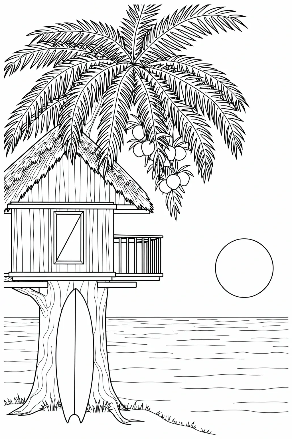 Black and white tropical beach coloring page showing a palm tree with a treehouse, a surfboard at the base, the ocean in the background, and a sun in the sky.