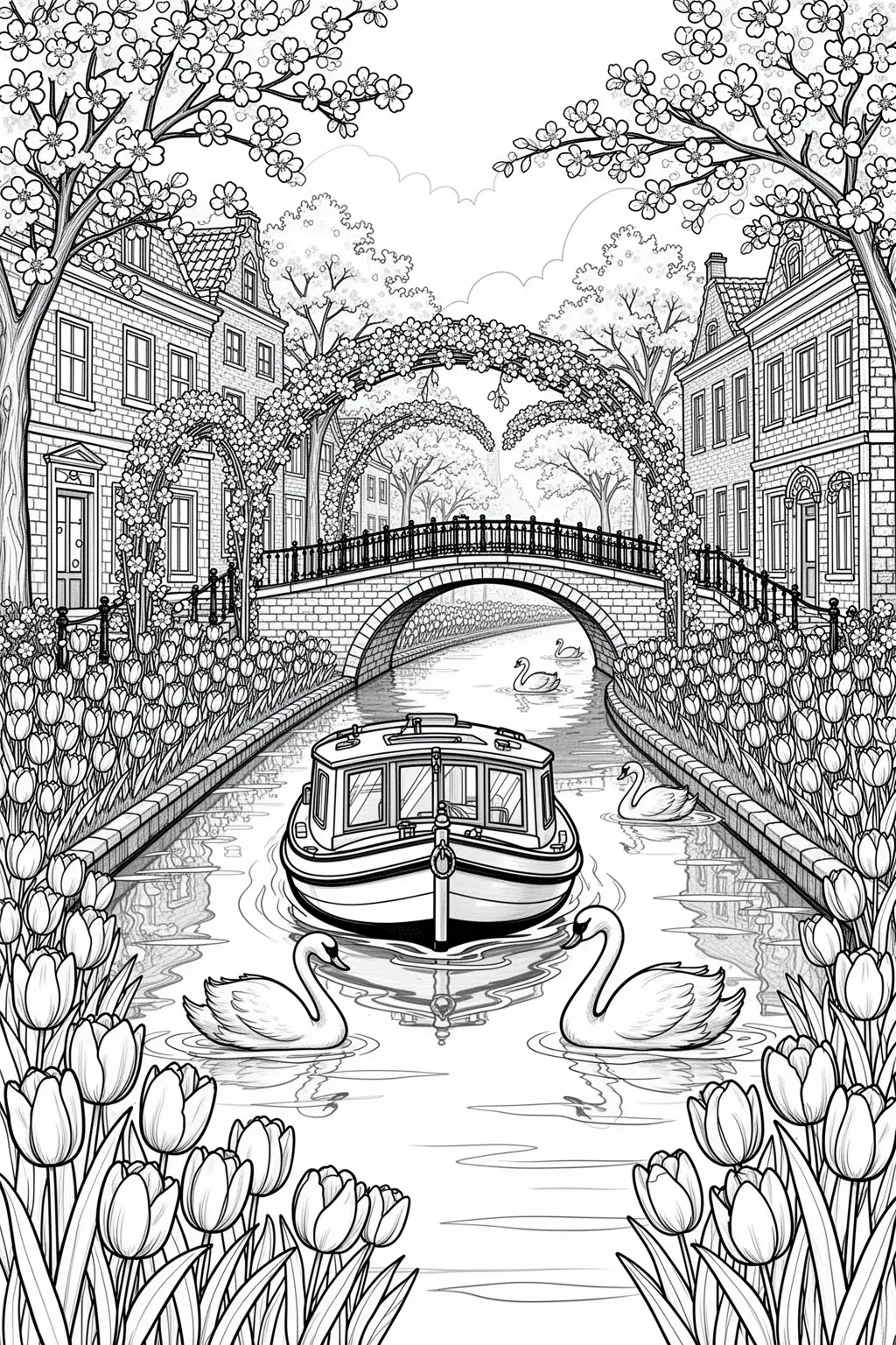 Detailed coloring page of a canal boat drifting through tulips with swans, flower arches, and cobblestone houses.